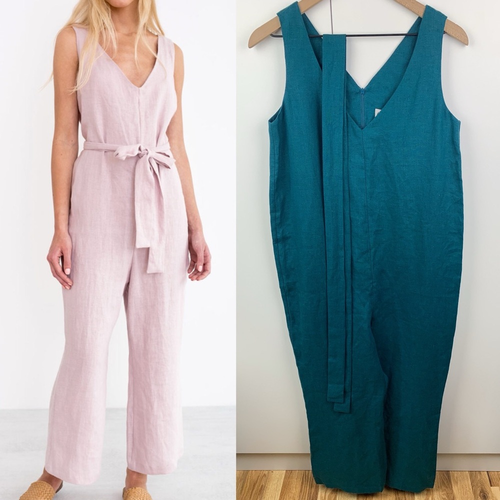 Love and Confuse Madeline 100% Linen Sleeveless Jumpsuit Teal Blue Small